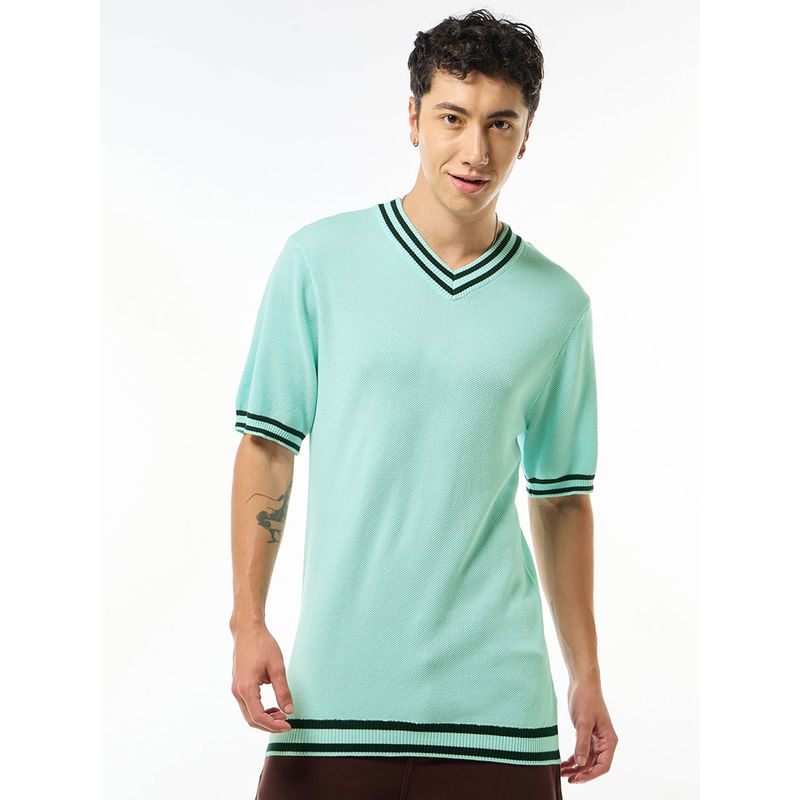 Bewakoof Mens Blue Textured Flatknit T-shirt (M)