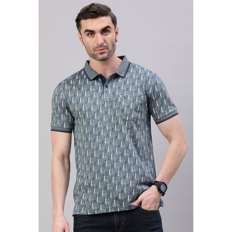 Classic Polo Men's Half Sleeve Dark Grey Slim Fit All-Over Print Polo T-Shirt (L)