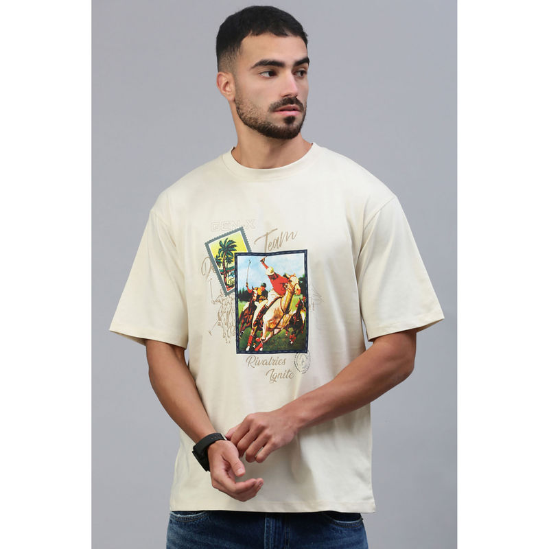 Classic Polo Men's Half Sleeve Beige Slim Fit Printed Drop Shoulder T-Shirt (M)