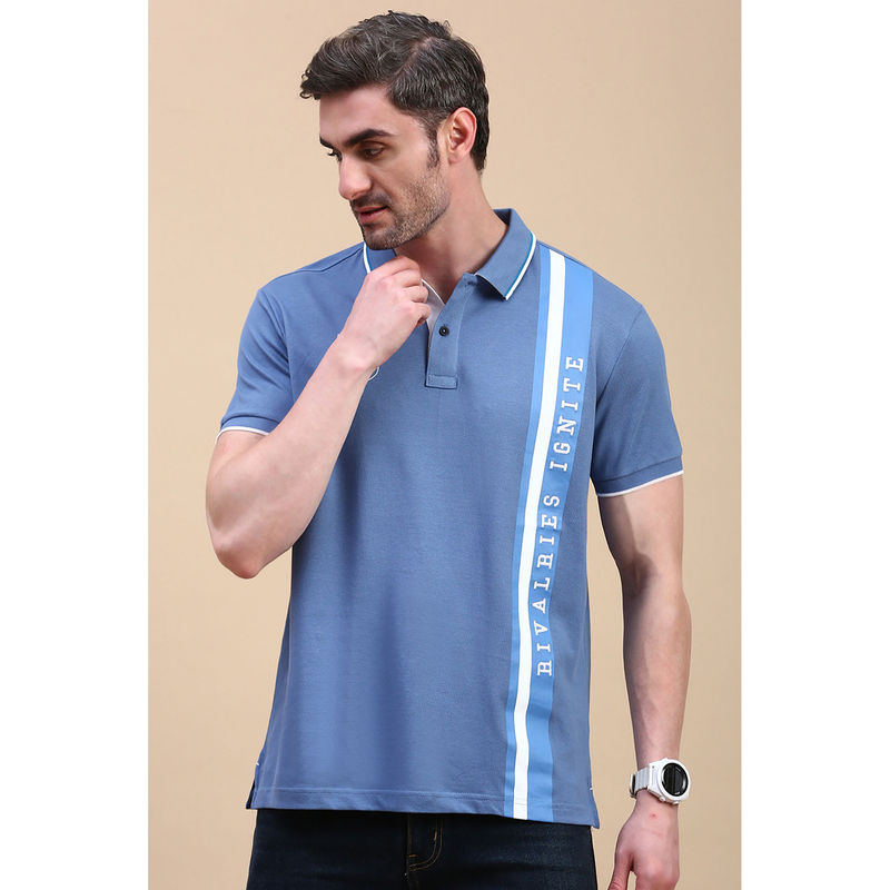 Classic Polo Men's Half Sleeve Blue Slim Fit Printed Polo T-Shirt (M)