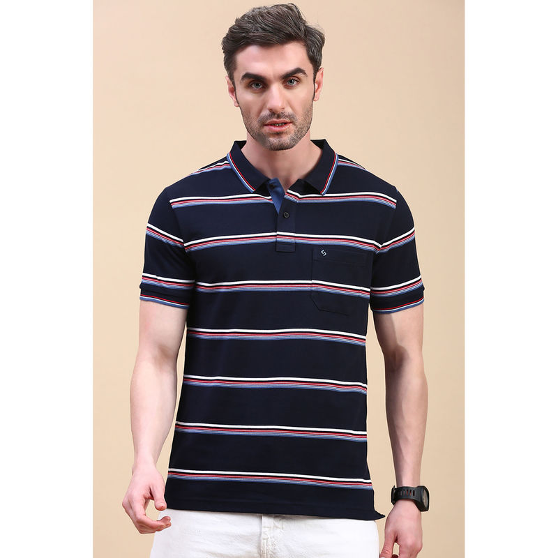 Classic Polo Men's Half Sleeve Navy Blue Slim Fit Striped Polo T-Shirt (M)