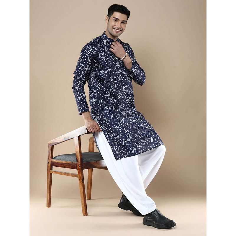Sanwara Mens Printed Traditional Cotton Kurta & Pyjama Blue (Set of 2) (S)