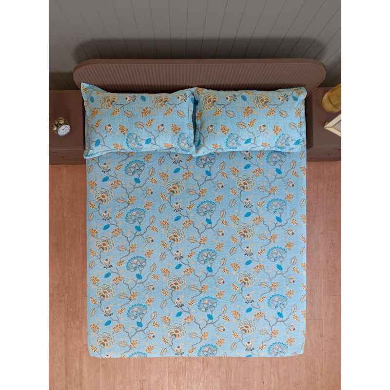 Swayam Floral Turquoise 210 TC Double King Fitted Bedsheet with 2 Pillow Cover (King)