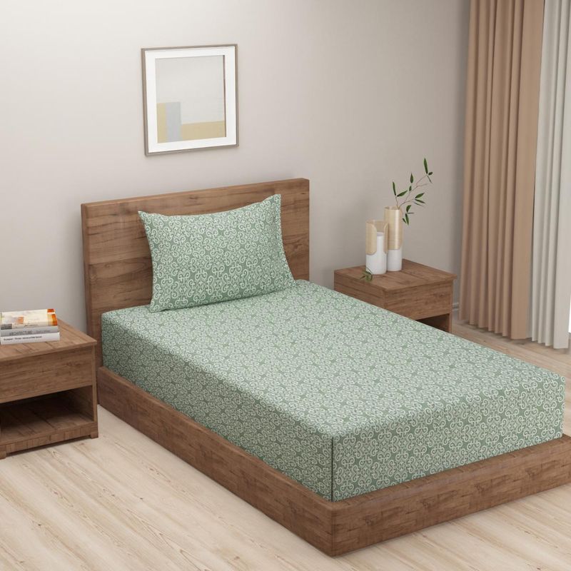 Swayam Sea Green Motif Printed Cotton Single Bedsheet with 1 Pillow Cover (Single)