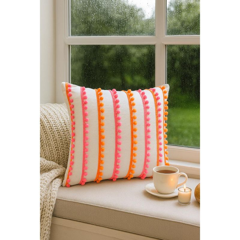 THROW PILLOW Vibrant Orange Pink Pom Pom Trim Sunny Pop White Cushion Cover (12x12 inches)