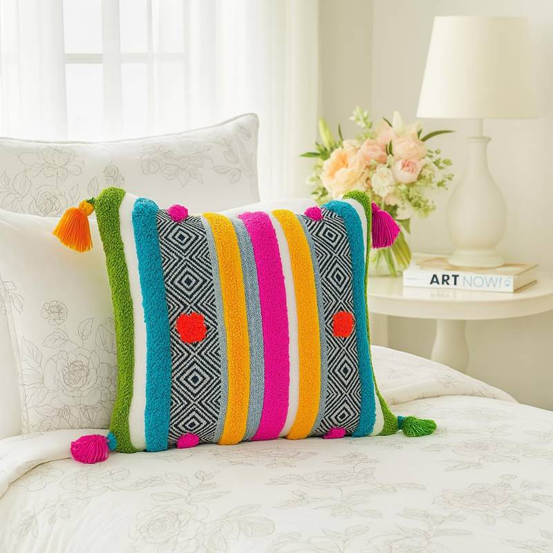 THROW PILLOW Boho Pop Art Multi-Color Tufting, Pom-Poms, Tassels Cushion Cover (16x16 inches)