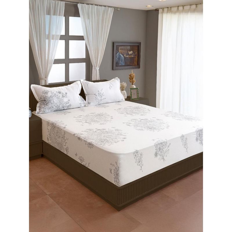 Swayam Ethnic Motif White 250 TC Double Queen Bedsheet with 2 Pillow Cover (Queen)