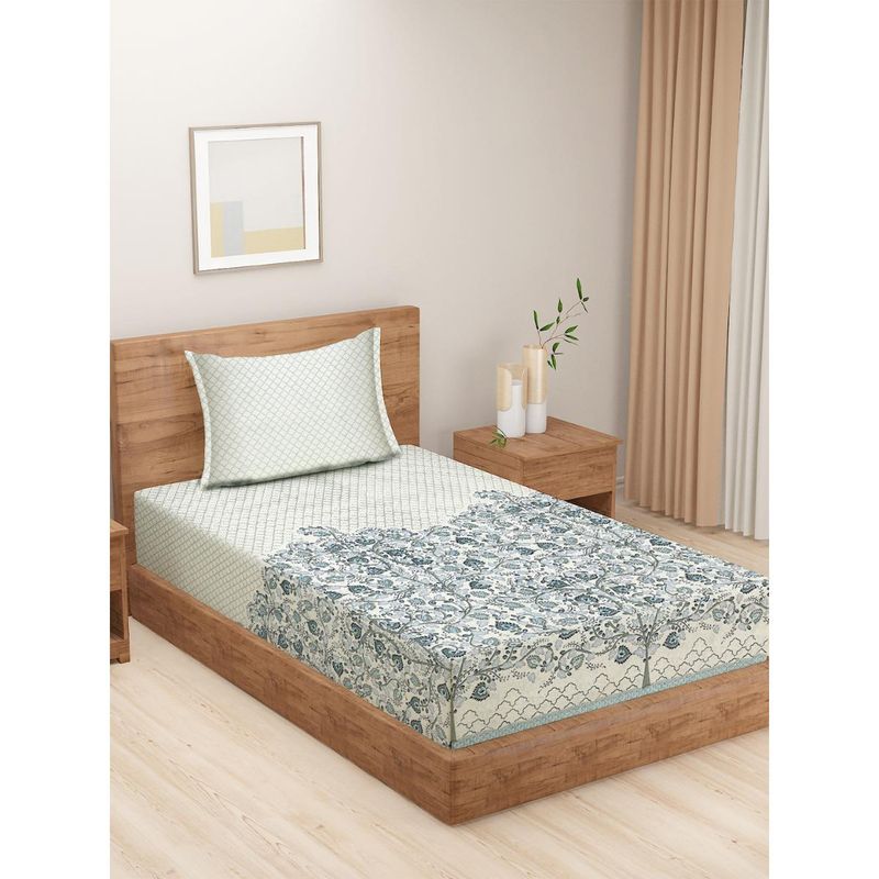 Swayam Blue Floral Cotton Single Bedsheet with 1 Pillow Cover (Queen)