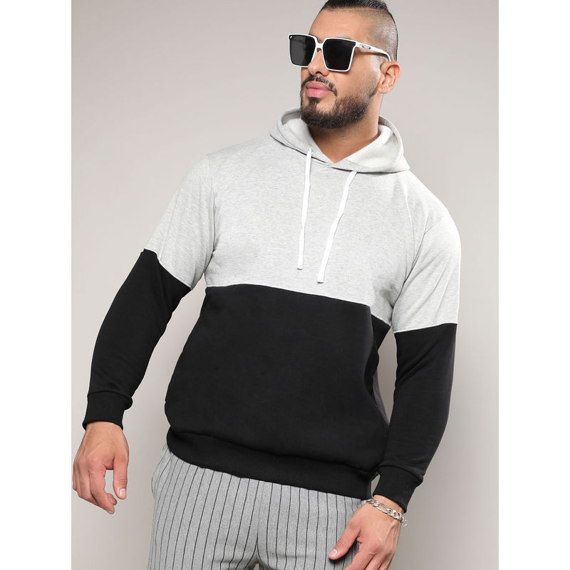 Instafab Plus Mens Black & Grey Pullover Hooded Sweatshirt with Ribbed Hem (3XL)