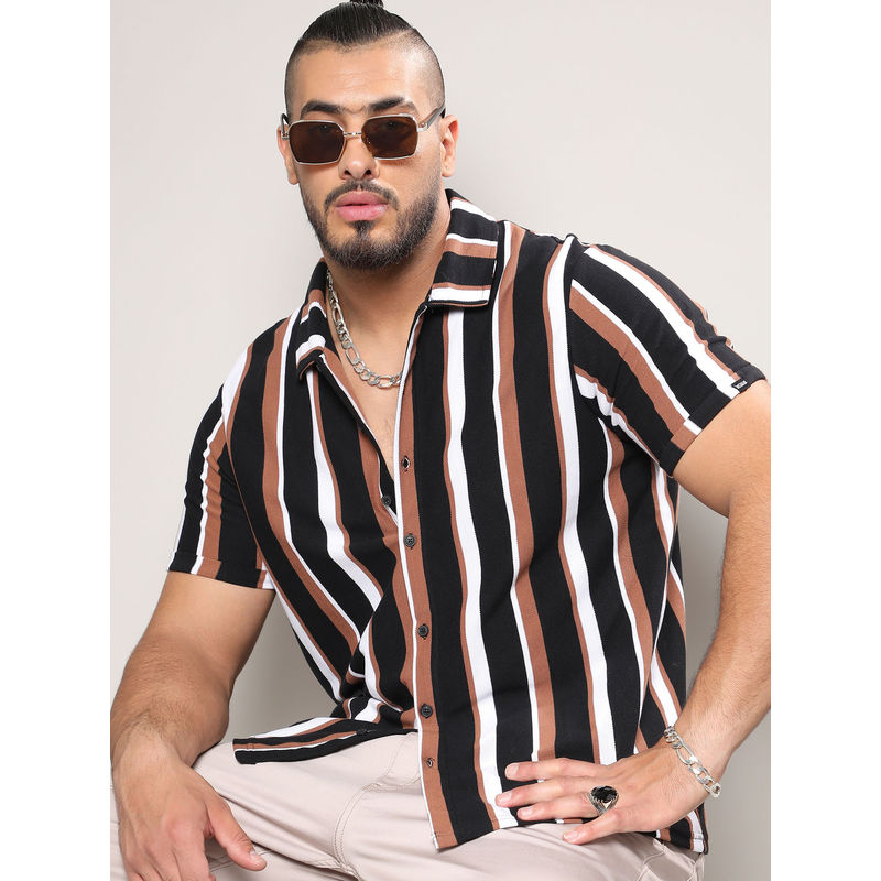 Instafab Plus Mens Black & Brown Barcode Striped Shirt (4XL)