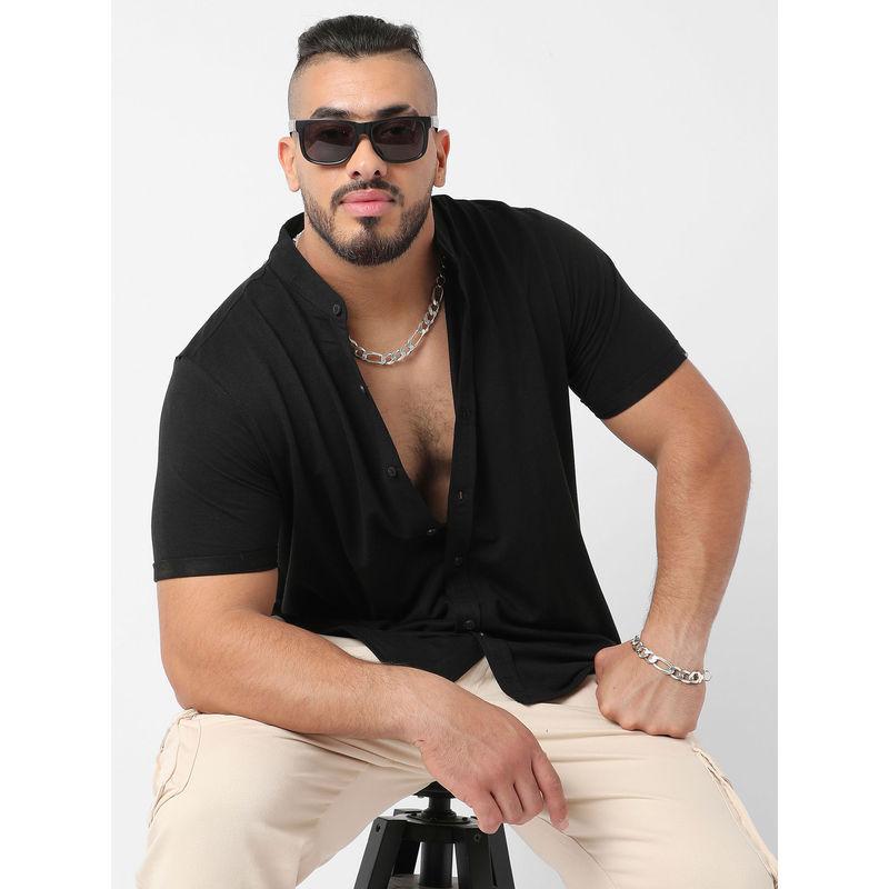 Instafab Plus Mens Jet Black Basic Button Up Shirt (4XL)