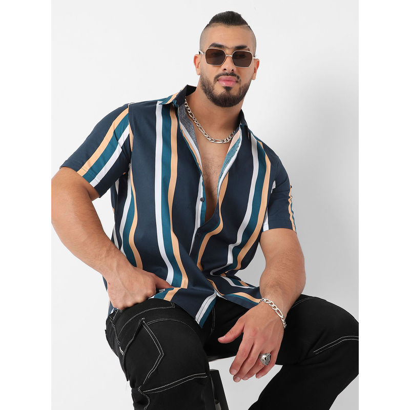 Instafab Plus Mens Prussian Blue Club Striped Shirt (3XL)