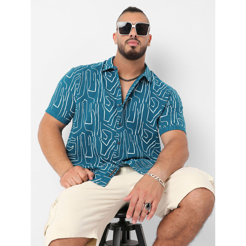 Instafab Plus Mens Teal Blue Abstract Lines Print Shirt (6XL)
