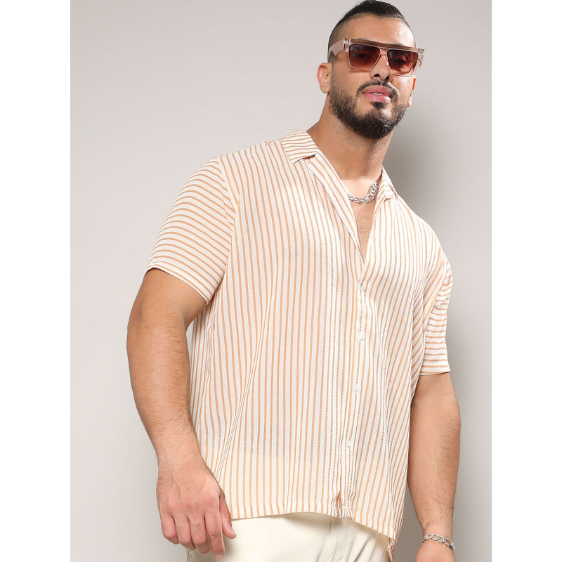 Instafab Plus Mens White & Brown Unbalanced Striped Shirt (3XL)