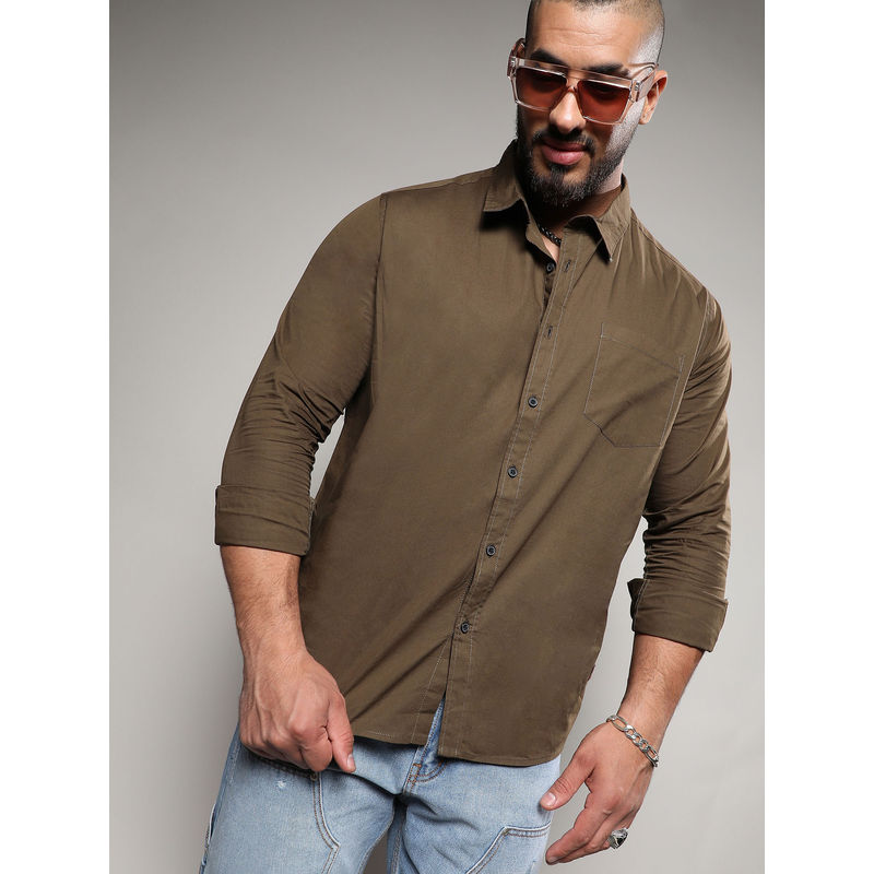 Instafab Plus Mens Olive Green Basic Button Up Shirt (3XL)