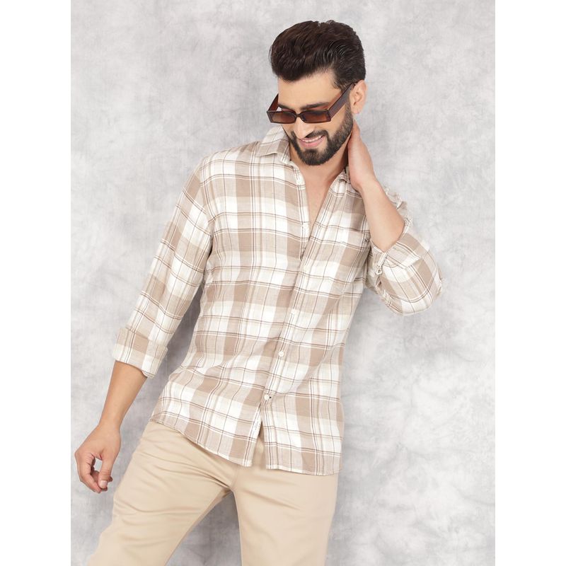 CRIMSOUNE CLUB Mens Beige Checked Linen Shirt (S)