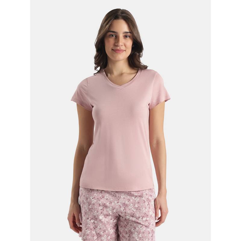 Jockey RX12 Women Micro Modal Cotton Relaxed Fit Solid V Neck T-Shirt-Zephyr (S)