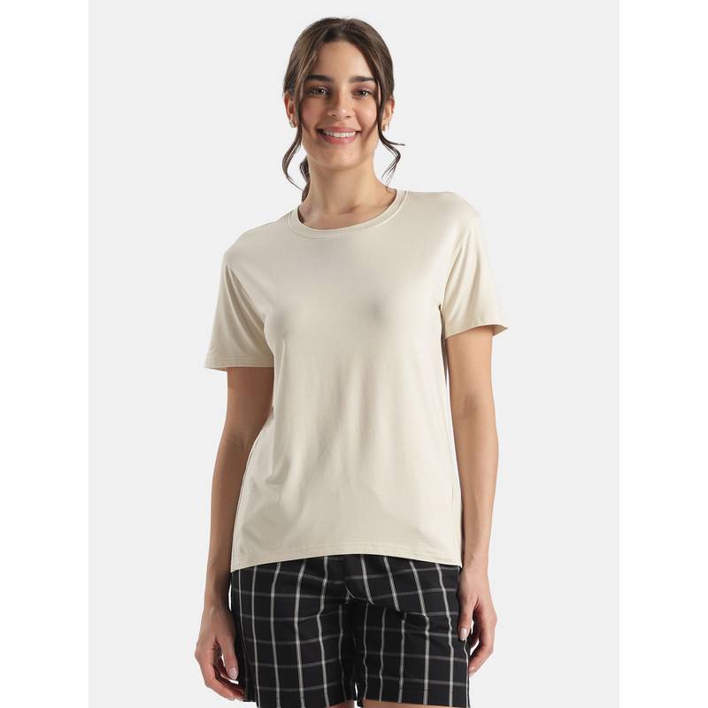 Jockey RX93 Women Viscose Elastane Stretch Relaxed Fit Drop Shoulder T-Shirt-Alm Milk (L)