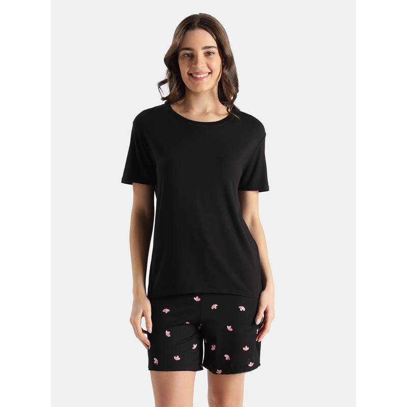 Jockey RX93 Women Viscose Elastane Stretch Relaxed Fit Drop Shoulder T-Shirt-Black (L)