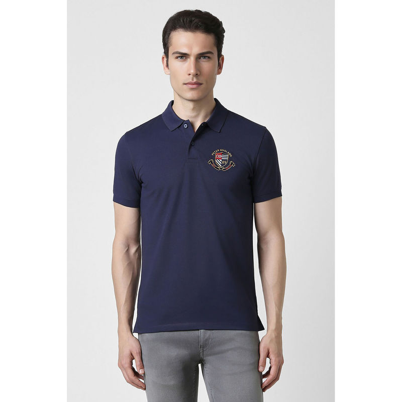 Peter England Men Navy Blue Embroidered Neck Polo T-Shirts (S)