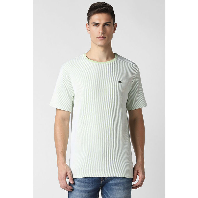 Peter England Men Green Stripe Round Neck T-Shirts (L)