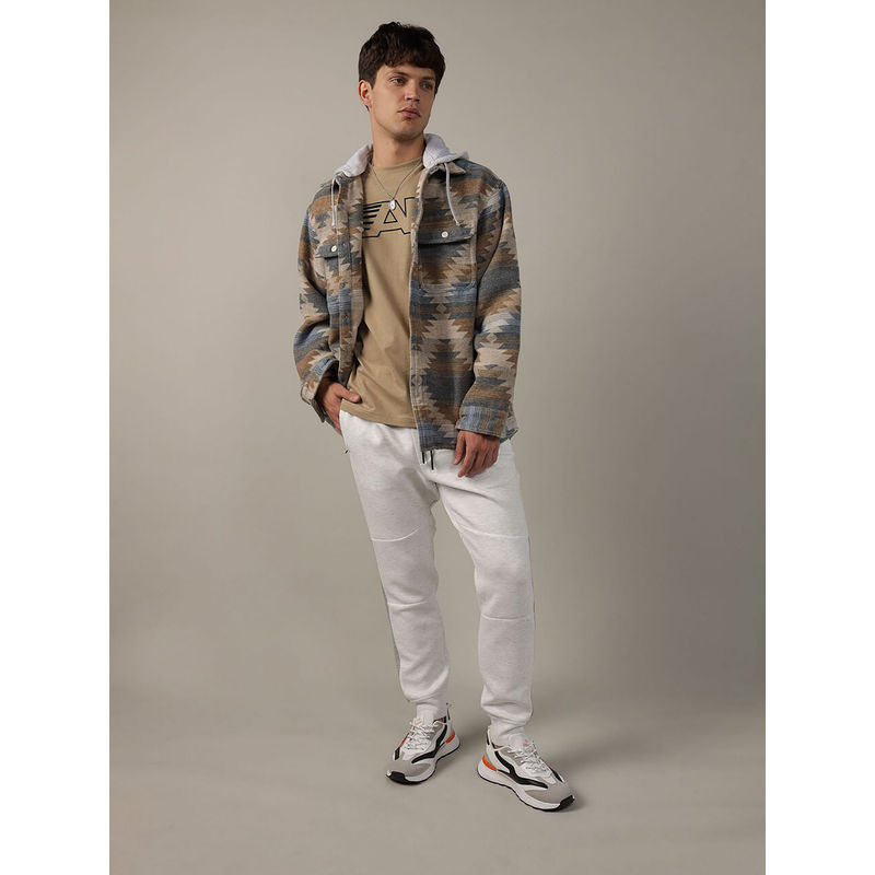 American Eagle Men Beige Super Soft Printed Hooded Flannel Shirt (M)