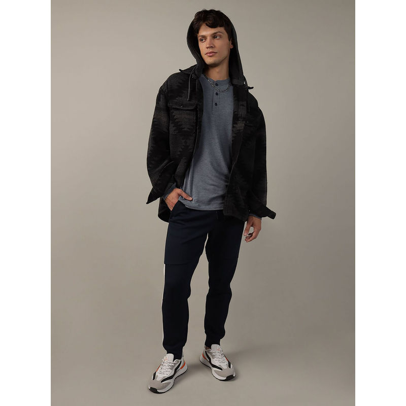 American Eagle Men Black Super Soft Printed Hooded Flannel Shirt (M)