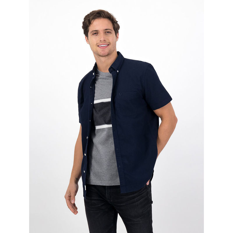 American Eagle Men Navy Blue Oxford Short Sleeve Button-Up Shirt (S)