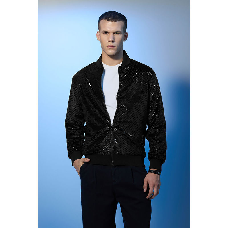 Snitch Stars Within Sequin Embellished Black Bomber Jacket (XL)