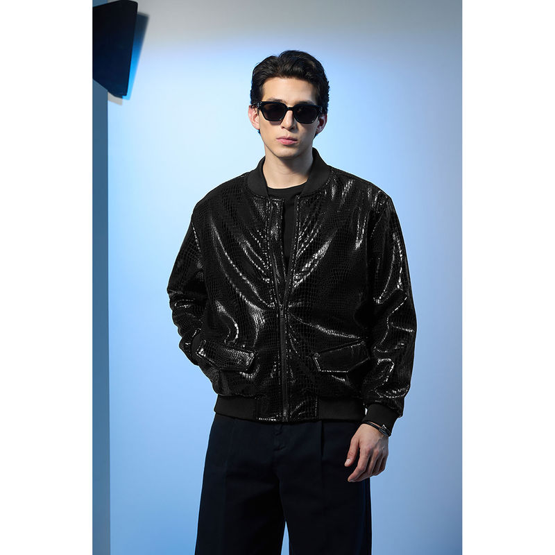 Snitch Stars Within Glossy Textured Relaxed Fit Black Bomber Jacket (L)