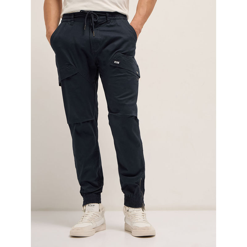 THE BEAR HOUSE Men Blue Relaxed Fit Cotton Solid Cargo Joggers (S)