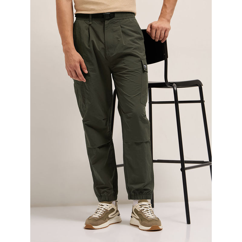THE BEAR HOUSE Men Olive Relaxed Fit Solid Cargo Joggers (S)