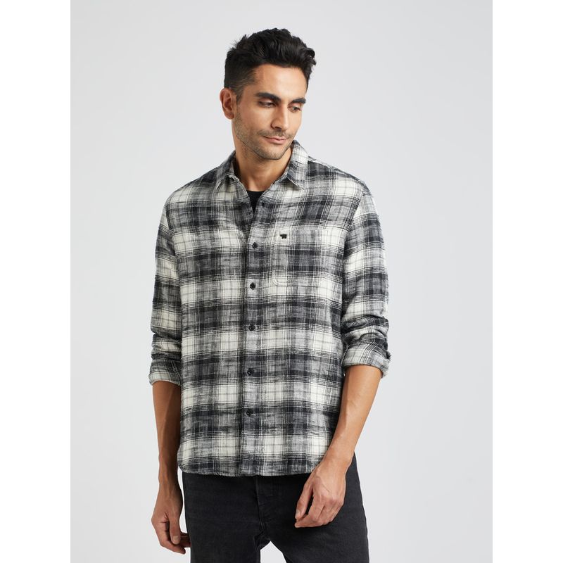 THE BEAR HOUSE Men Black Checked Slim Fit Flannel Cotton Casual Shirt (L)