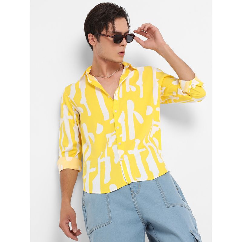 Campus Sutra Men Lemon Yellow Abstract Print Shirt (L)