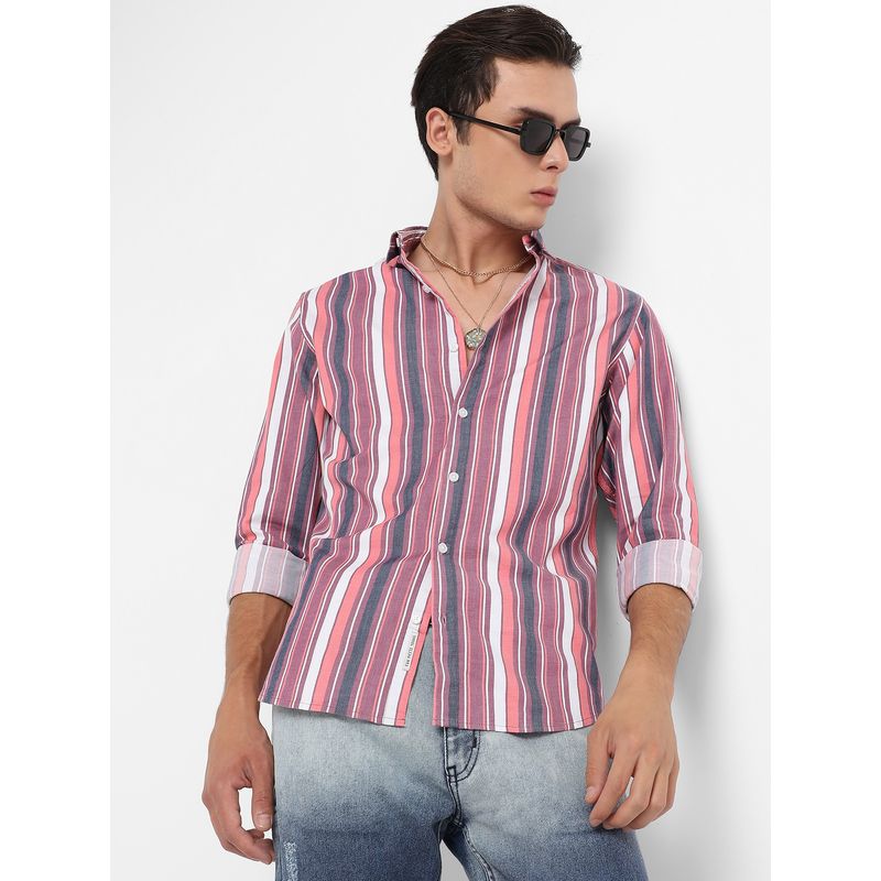 Campus Sutra Men Blush Pink & Dark Grey Faded Barcode Striped Shirt (XL)