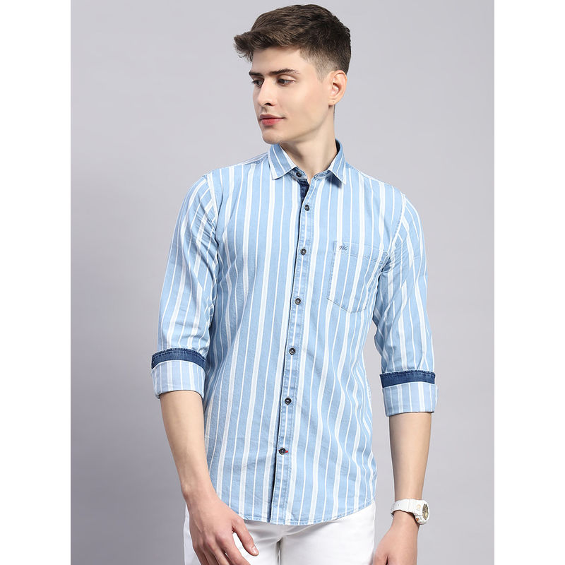 Monte Carlo Mens Blue Striped Spread Collar Full Sleeve Cotton Slim Fit Casual Shirt (3XL)