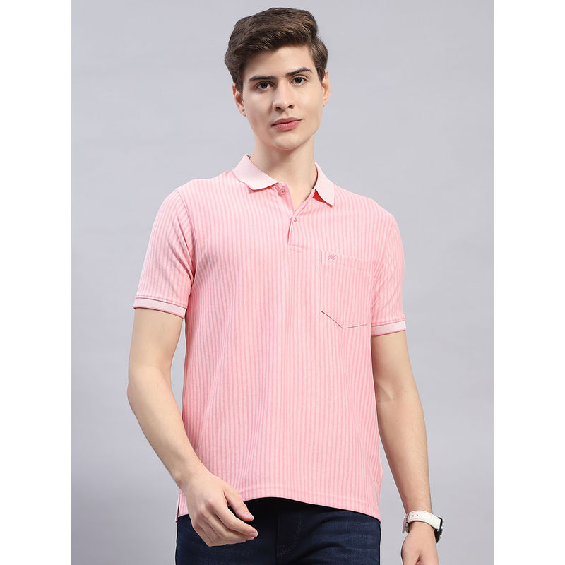 Monte Carlo Mens Pink Striped Half Sleeve Polo Collar T-Shirt (L)