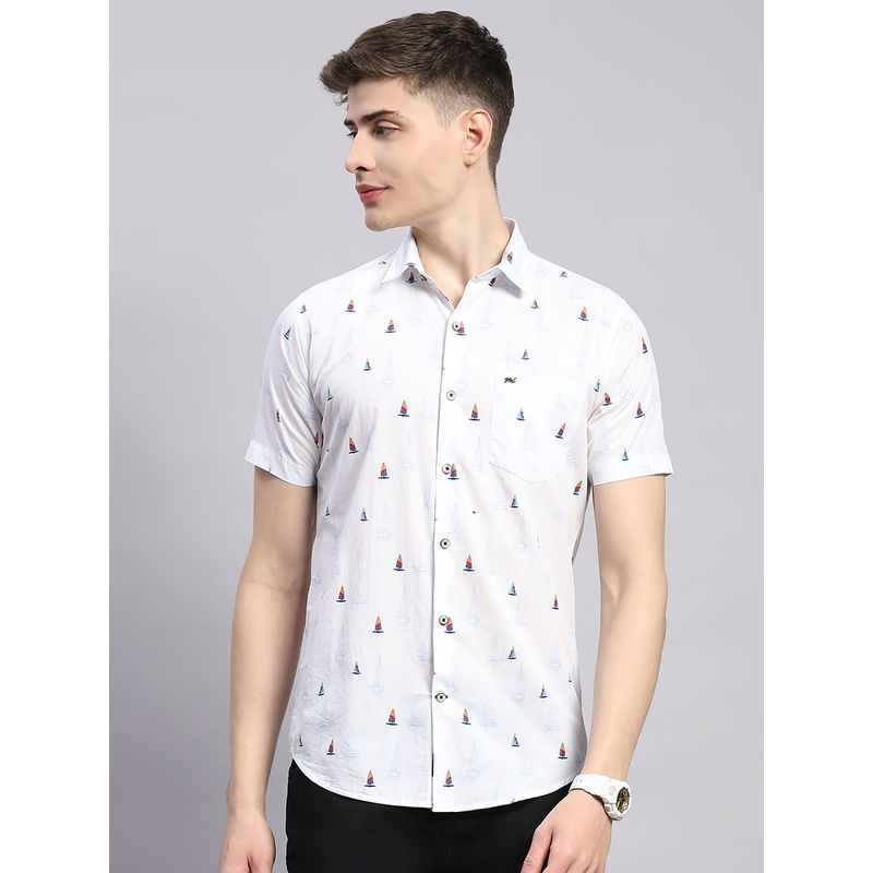 Monte Carlo Mens White Printed Spread Collar Half Sleeve Linen Slim Fit Casual Shirt (XL)