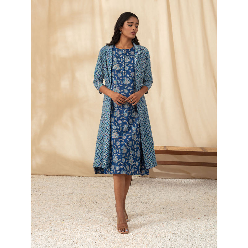 Likha Indigo Jaipuri Printed Cotton Overlay & Dress Set LIKDRS61 (M)