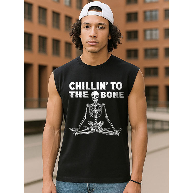 Bewakoof Men's Jet Black Chillin Graphic Printed Oversized Vest (XL)