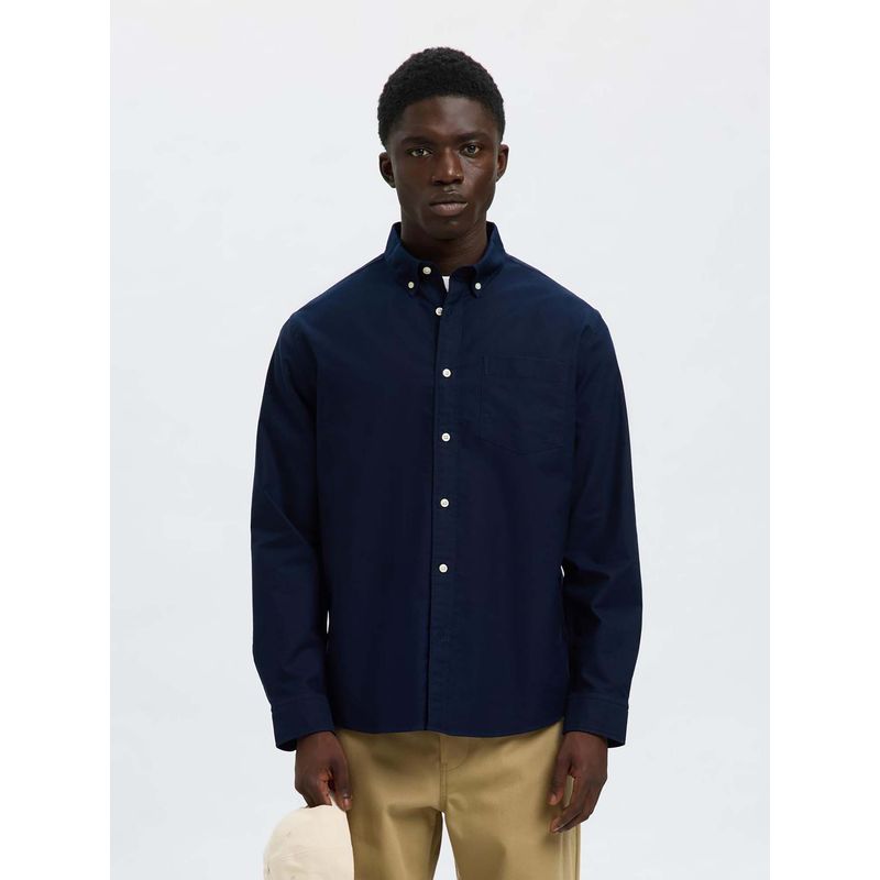 Selected Men Navy Blue Solid Casual Shirt (M)