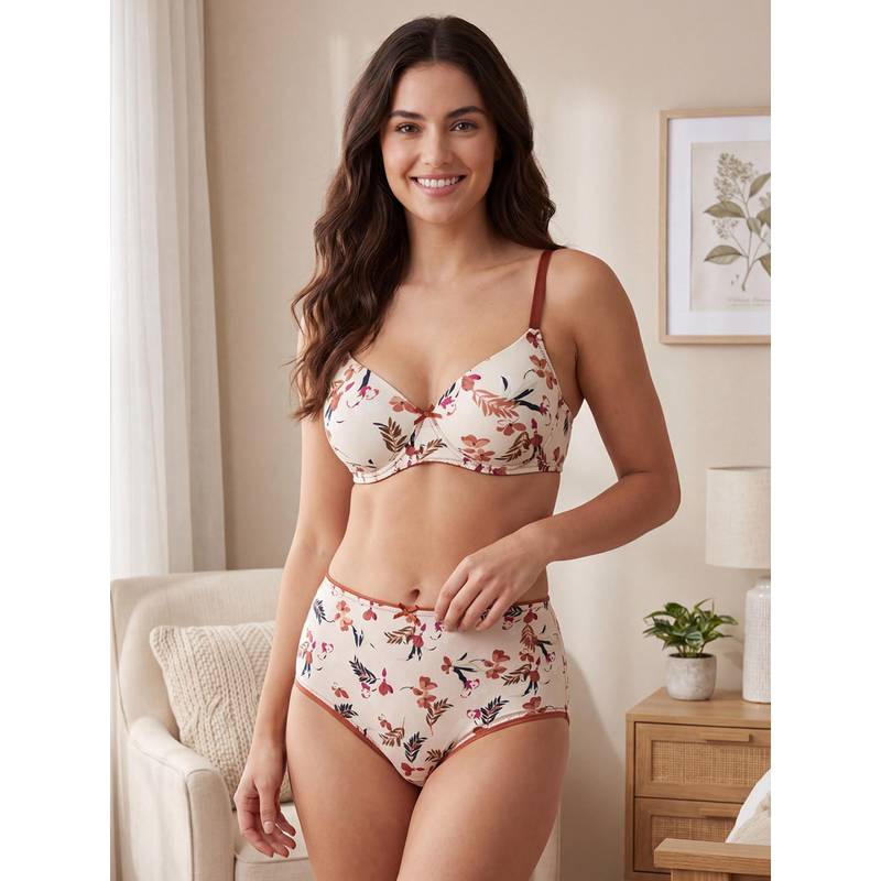 Clovia Padded Non-Wired Full Figure Floral Print Multiway T-Shirt Bra and Panty (36B)