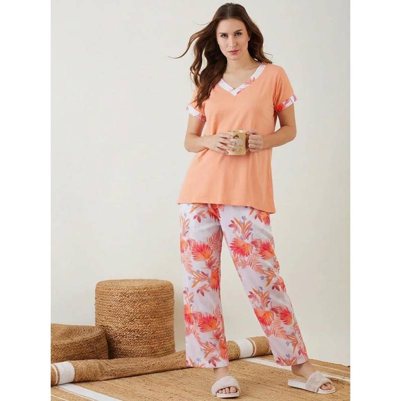 The Kaftan Company Peach Tropical Floral Top with Pyjama (S)