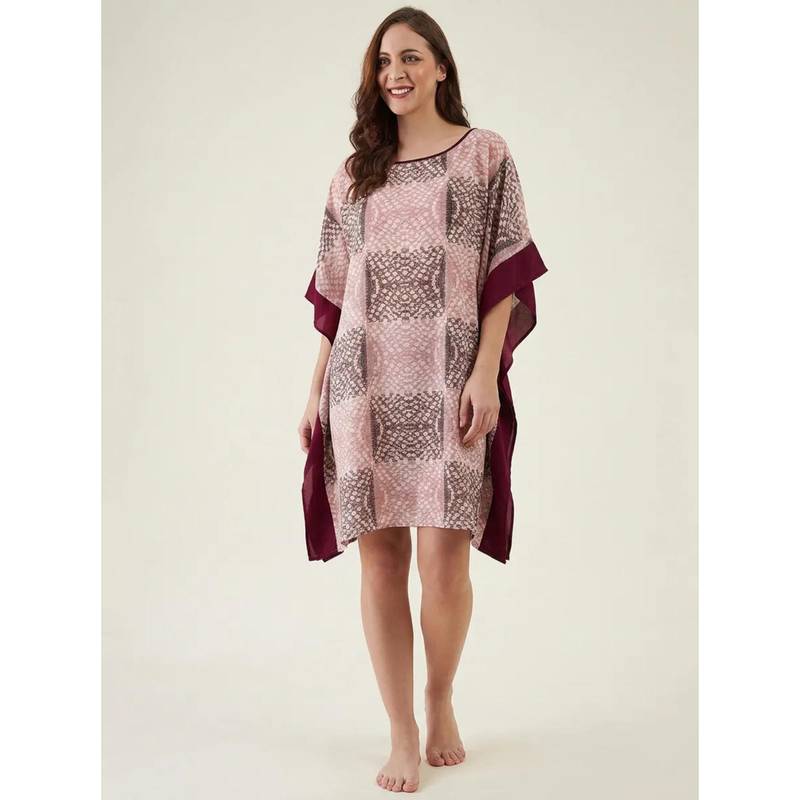 The Kaftan Company Contrast Trim Pink and Maroon Print Short Kaftan (S)