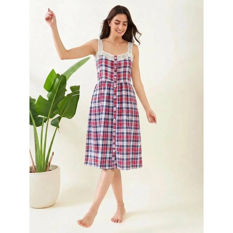 The Kaftan Company Crochet Lace Straps Red & Navy Blue Plaid Cotton Nightdress (XL)