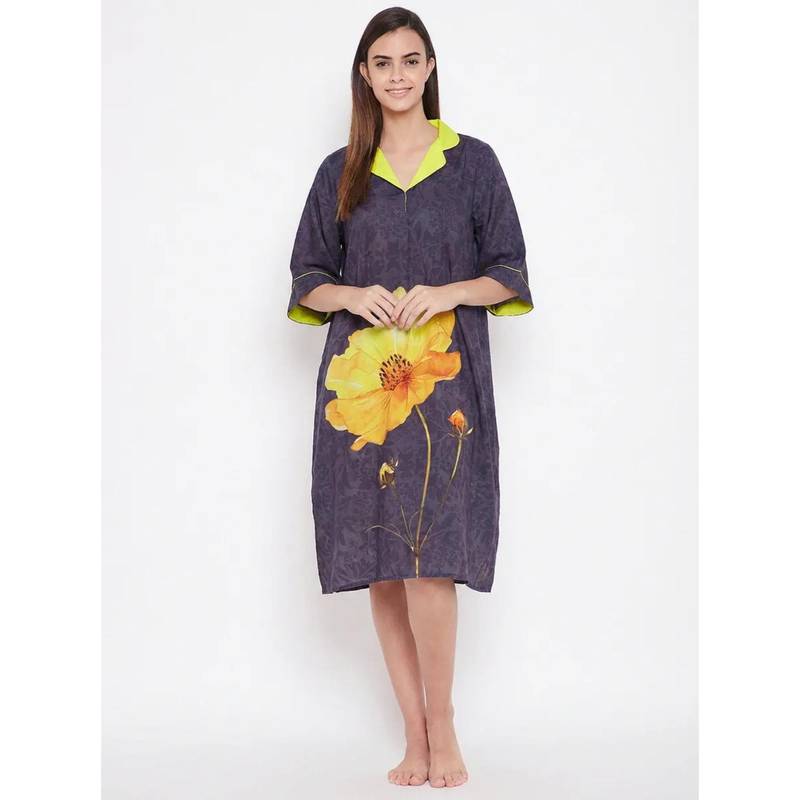 The Kaftan Company Purple Floral Print Nightdress (S)