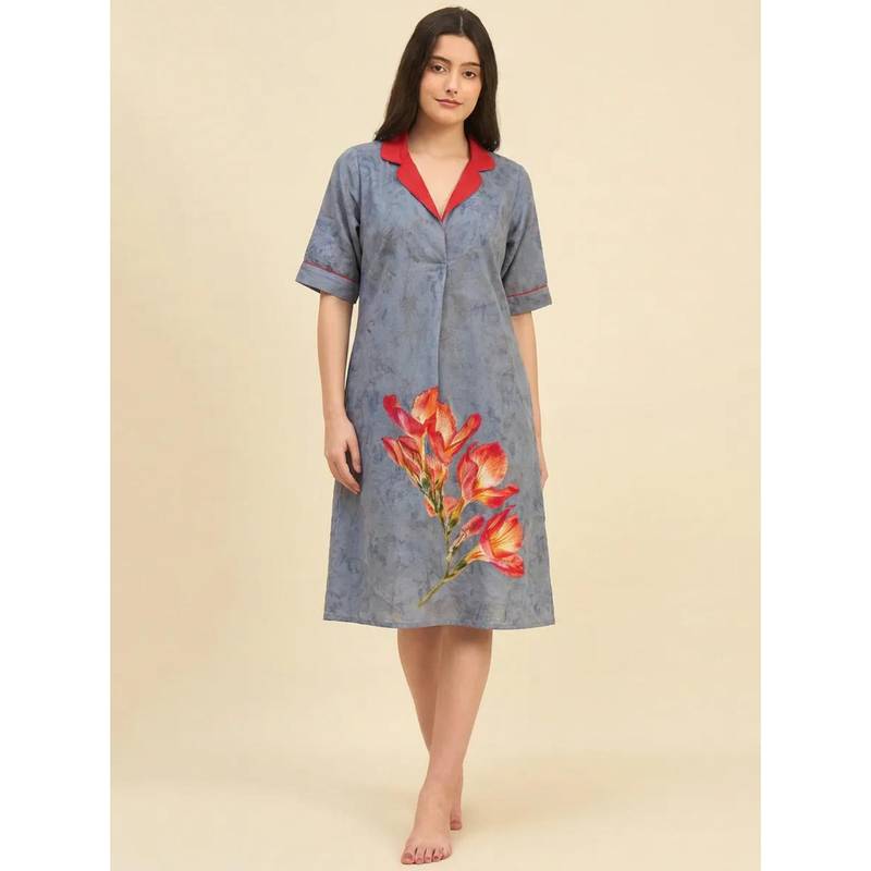 The Kaftan Company Contrast Collar Dusty Blue Tie-Dye Print Nightdress (S)