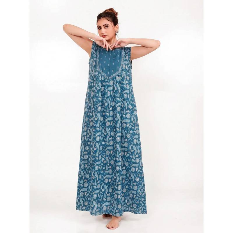 The Kaftan Company Embroidered Yoke Teal Floral Print Maxi Nightdress (XL)