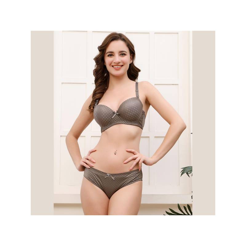 PrettyCat Womens Grey Lightly Padded Underwire Polka Print T-Shirt Bra with Panty (34B)