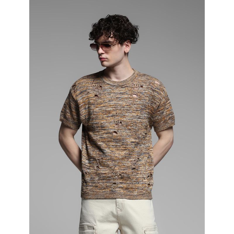 Jack & Jones Brown Cotton Oversized Fit Pullover Knitted T-Shirt (L)